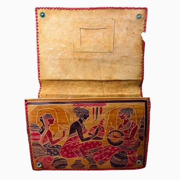 Vintage Hand-tooled Brown Leather Cluth Bag With Tribal Ladies Design - Picture 11 of 11